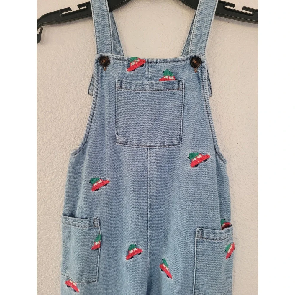 Mini Boden Kids Denim‎ Christmas Tree Car Embroidered Overalls 3-4Y Holiday #7